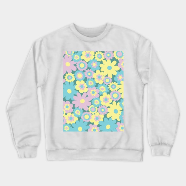 80s pastel retro flowers, pastel pink, pastel green, pastel yellow, lilac, 60s retro pattern, groovy florals Crewneck Sweatshirt by blomastudios